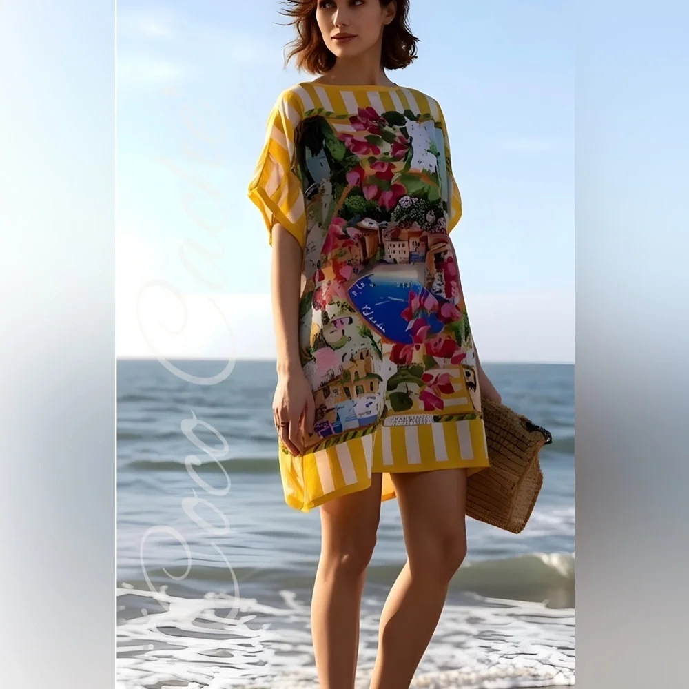 Portofino Riviera Tropical Pattern Oversized Casual Midi Dress - Picture 16 of 16